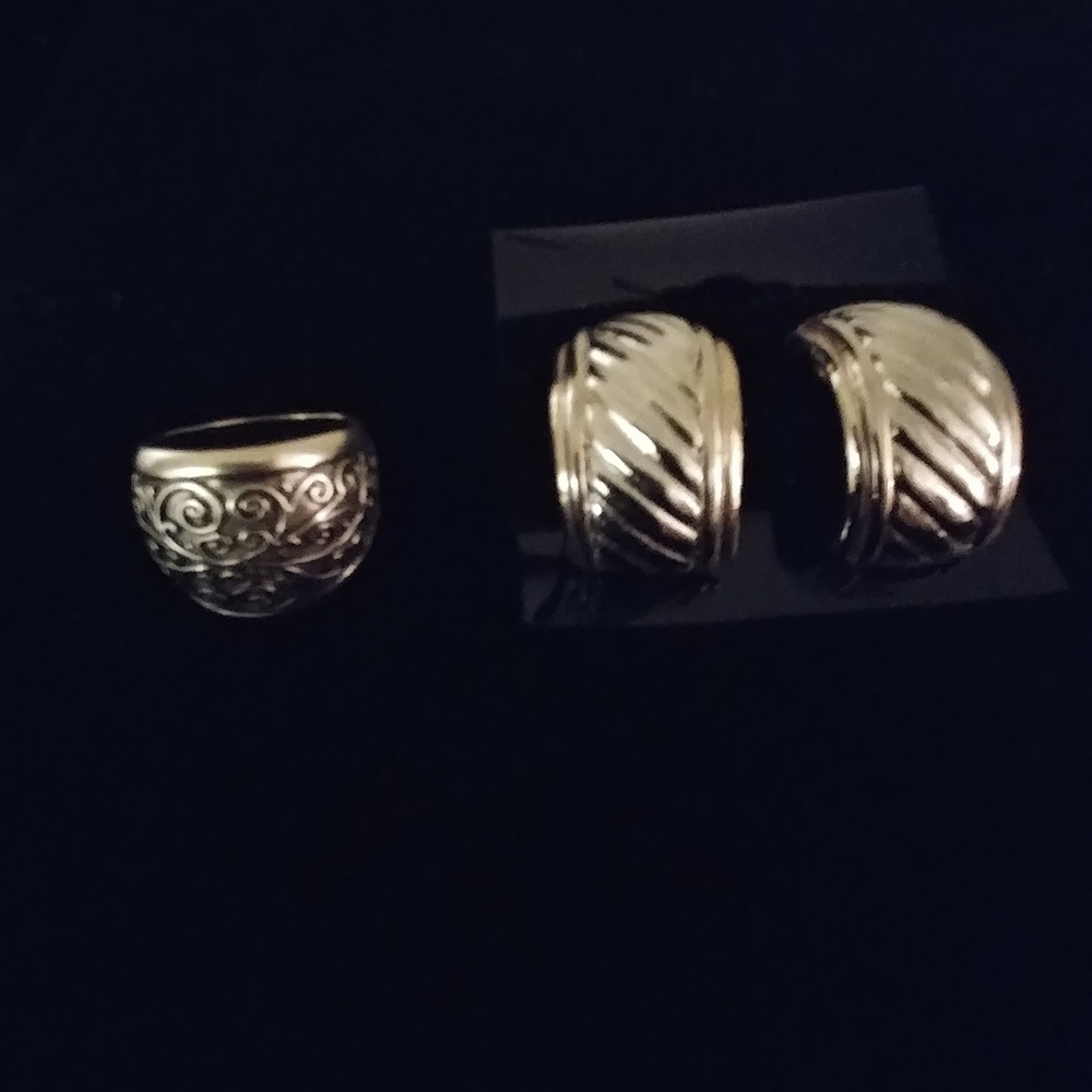 2 Piece Silver and Gold Tone Fashion Ring Earring